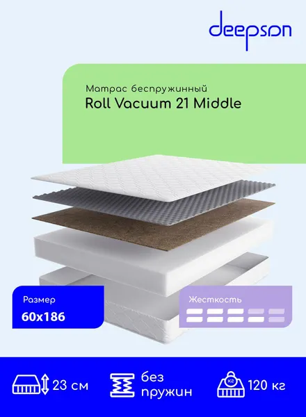 Матрас 60x186 ортопедический беспружинный Deepson Roll Vacuum 21 Middle