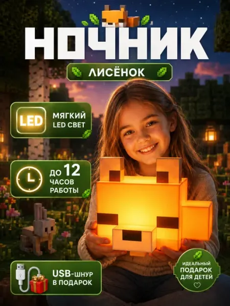 Детский светильник ночник Майнкрафт Лиса