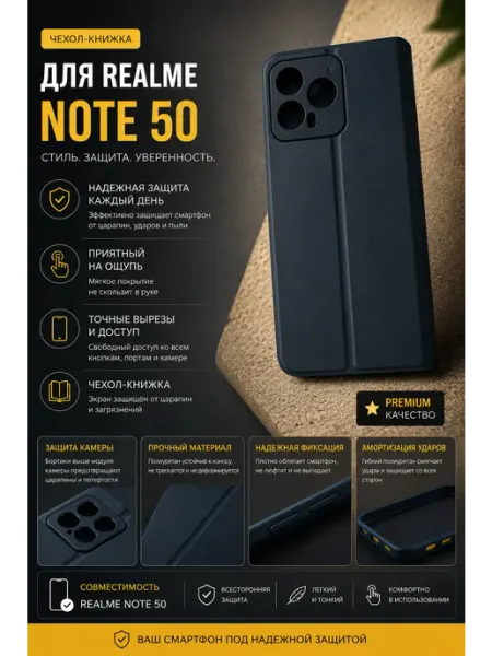 ЧЕХОЛ-КНИЖКА ДЛЯ СМАРТФОНА REALME NOTE 50 черный без бренда