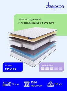 Матрас, Ортопедический матрас, Deepson Fine Roll Sleep Eco 3 EVS 1000 средней жесткости, Полутороспальный, Пружинный, На кровать 135x195