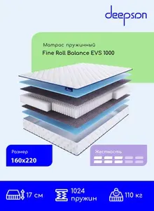 Матрас, Ортопедический матрас, Deepson Fine Roll Balance EVS 1000 средней жесткости, Двуспальный, Пружинный, На кровать 160x220