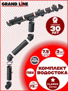 Комплект водосточной системы Grand Line на 7,5 м карниза (120мм/90мм) графит RAL 7024, набор элементов водостока для крыши пластик Гранд Лайн ( серый ) ПВХ