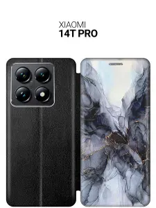 Чехол-книжка на Xiaomi 14T Pro с принтом "Черно-белый мрамор" черный