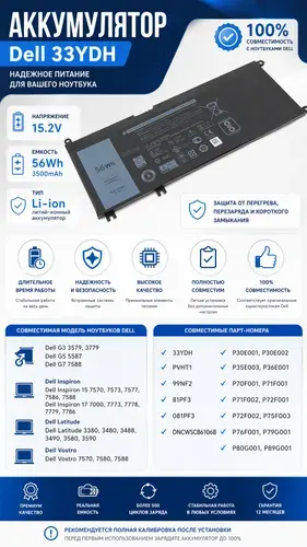 Аккумулятор Premium 33YDH 15.2V 56Wh 3500mAh для Dell Latitude 3380 3480 3488 3490 3580 3590 7773 7778 7779