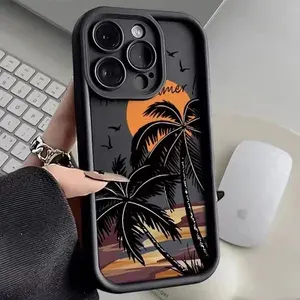 Чехол на Айфон 15 / iPhone 15 черный чехлеспальмами, закатным солнцем и птицами, с надписью "summer".