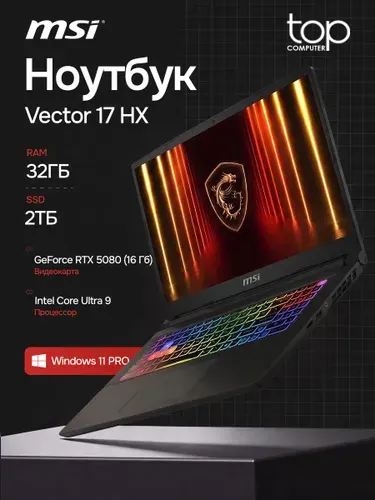 MSI Vector 17 HX AI A2XWIG-063XRU Игровой ноутбук 17", Intel Core Ultra 9 275HX, RAM 32 ГБ, SSD 2048 ГБ, NVIDIA GeForce RTX 5080 для ноутбуков (16 Гб), Windows Pro, (9S7-17S372-063/2TB/W11P), черный, черно-серый, Русская раскладка
