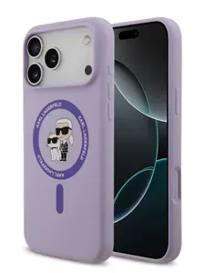 Чехол Karl Lagerfeld на iPhone 17 Pro Max, Liquid silicone Magsafe, силиконовый с покрытием Soft-touch, с принтом NFT Karl & Choupette, фиолетовый
