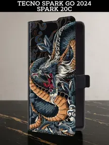 Чехол-книжка на Tecno Spark Go 2024 / Spark 20C (Текно Спарк Го 2024 / Спарк 20C) с картой и принтом "Japanese Dragon"
