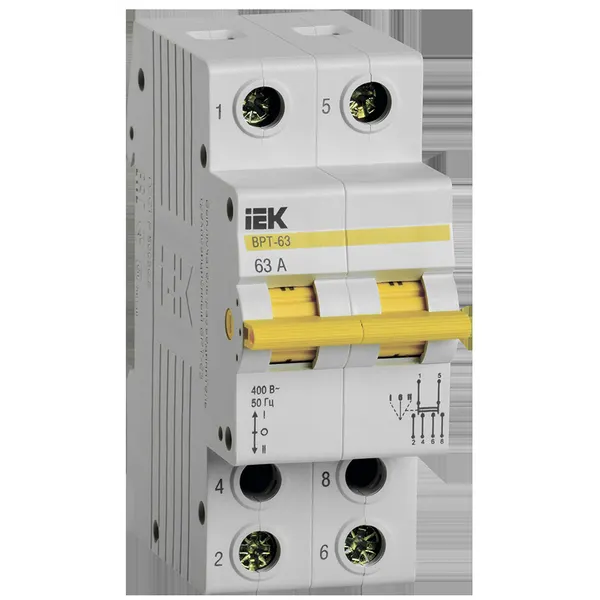 Рубильник IEK ВРТ-63, выключатель-разъединитель 2P, 63А, 400В, IP20, монтаж на DIN-рейку