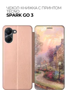 Чехол-книжка на Tecno Spark Go 3 с принтом "Сиреневый вечер" золотой