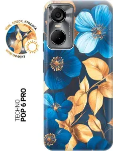 Силиконовый чехол на Tecno Pop 6 Pro с принтом "Синие цветы, золотые листья"