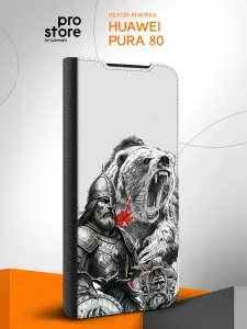 Чехол книжка на Huawei Pura 80 / Хуавей Пура 80 с картинкой Рыцать с медведем