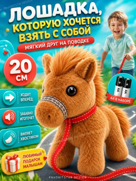 FAVORITSTAR DESIGN Интерактивная игрушка лошадка на поводке для ребенка