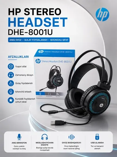 Hp stereo headset dhe-8001u usb гарнитура с микрофоном для пк и ноутбука черная usb