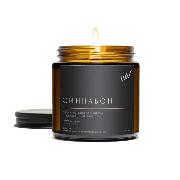 Свеча ароматическая WHALEWAY "Синнабон", соевый воск/деревянный фитиль, 110 ml