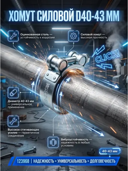 Хомут силовой шарнирный D40-43мм, оцинкованная сталь