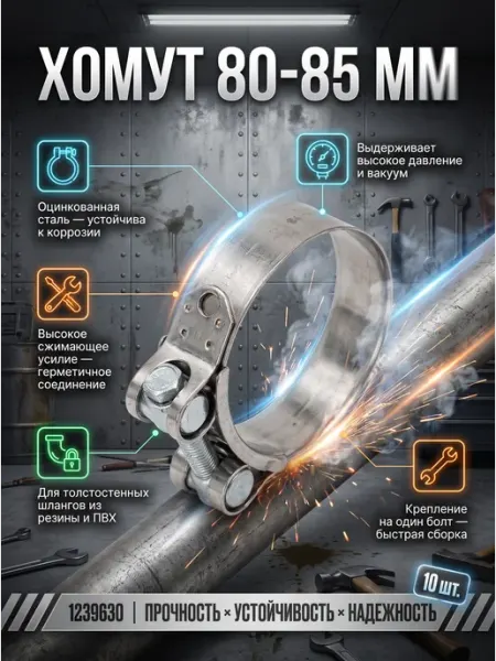 Хомут силовой шарнирный D80-85мм, оцинкованная сталь, шт