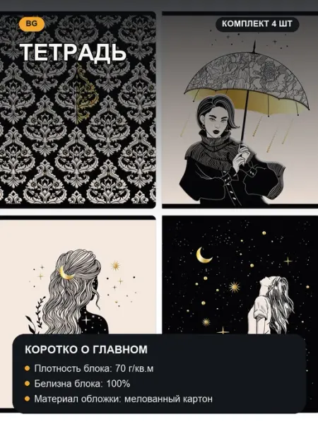 Тетрадь, набор 4 шт, дизайн в ассортименте BG