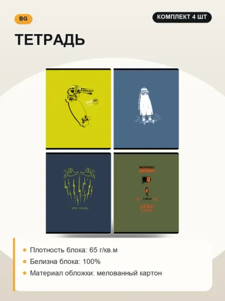 Тетрадь, набор 4 шт, дизайн в ассортименте BG
