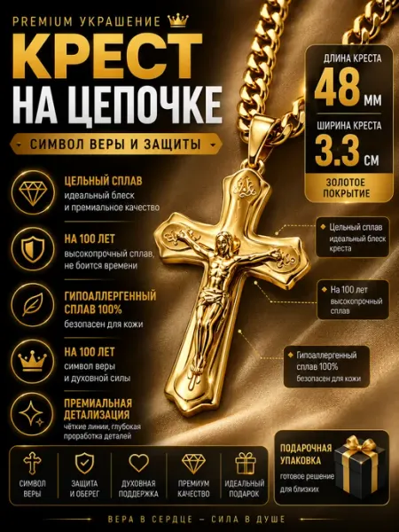 Цепочка на шею с крестом стальная
