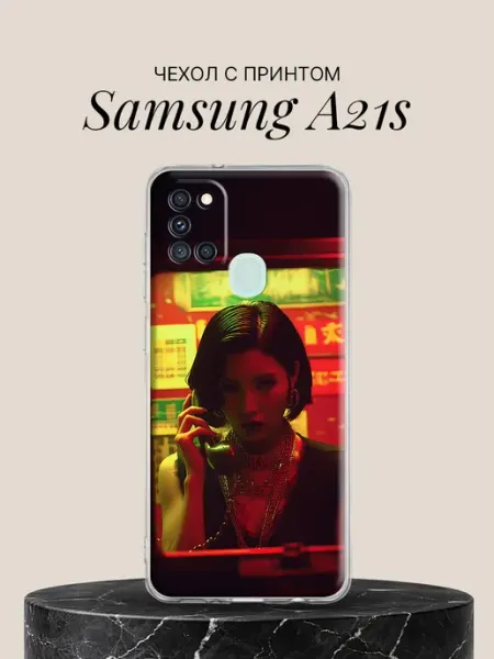 Чехол на A21s с принтом Девушка с телефоном в неоне Samsung