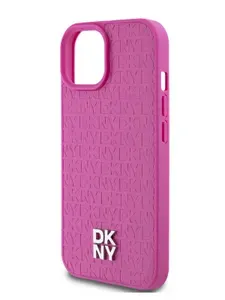 Чехол DKNY PU Magsafe на Apple iPhone 15 из экокожи, с металлическим логотипом, с функцией Магсейф, с объемным принтом Repeat Stack, розовый