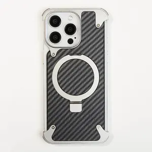 Чехол для iPhone 15 Pro Max с элементами под кевлар / Чехол для айфона 15 про с кольцом-держателем / Серый