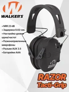 Наушники активные Walker's Razor Slim Tacti-Grip 23dB, черные (GWP-RSEMRH)