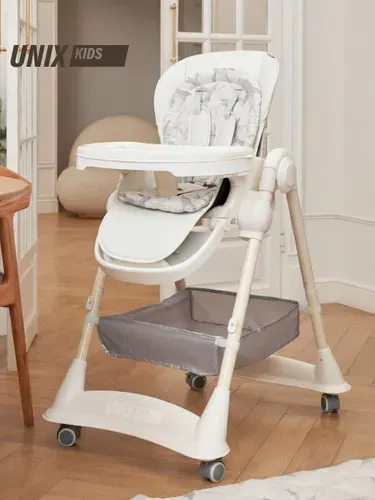 Стульчик для кормления детский UNIX Kids Ocean / Океан до 15 кг шезлонг для детей, складной, регулируемый, растущий с матрасиком, 4 поворотных колеса, белый