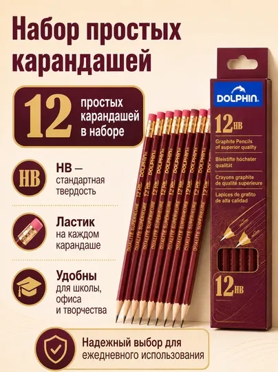 Карандаши простые чернографитные Dolphin HB с ластиком 12шт