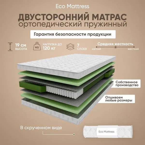 Ортопедический пружинный матрас Eco Mattress K12Sk 120x190 см, ППУ, двусторонний, войлок, средней жесткости, в рулоне