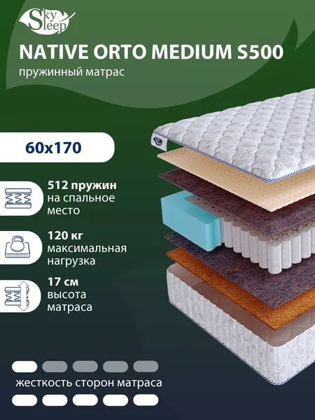 Матрас 60x170 ортопедический пружинный SkySleep NATIVE ORTO MEDIUM S500