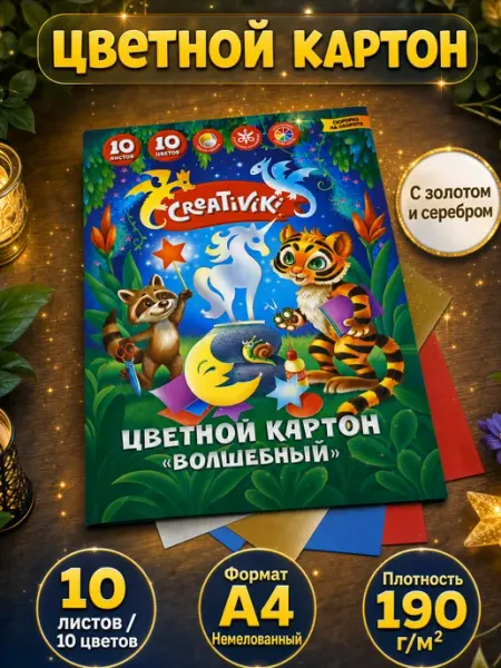 Картон цветной ВОЛШЕБНЫЙ 10 цветов 10 листов Creativiki