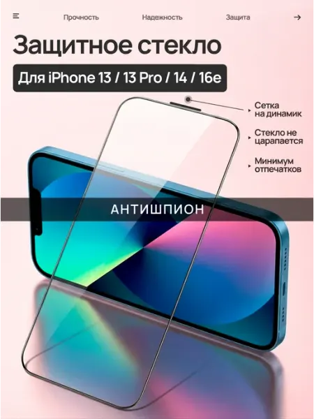 Защитное стекло на iPhone 13, 13 PRO, 14, 16e Антишпион Gadgess
