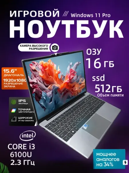 Ноутбук для работы и учебы 15,6" IPS 16Gb SSD 512 Gb Aether