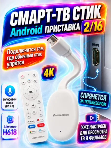 Смарт-ТВ стик Андроид для телевизора приставка W2 Slim 4К GENIATRON