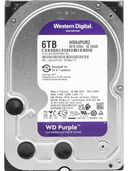 Жесткий диск 6TB WD64PURZ Purple для видеонаблюдения WD