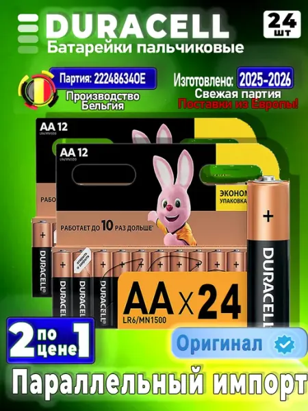 Батарейки Duracell LR06, AA пальчиковые, 2 шт