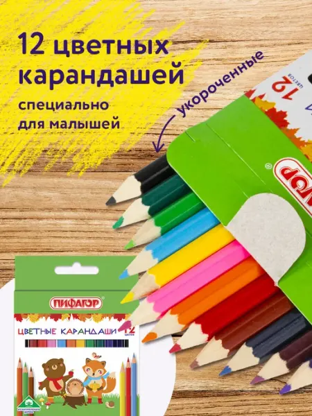 Карандаши цветные 12цв, укороченные Пифагор