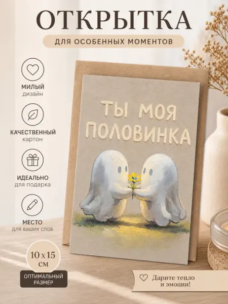 Открытка Ты моя половинка с привидениями 10 на 15 см PUGOVKIN