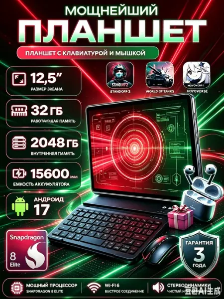 Планшет андроид 32 2048 ГБ 15600mAh OLED 2.5K 12.5"