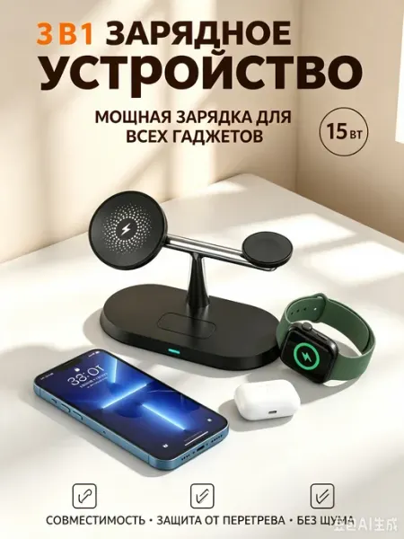 Беспроводная зарядка для Айфон, Док станция 3 в 1 Romoss