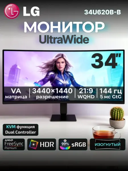 Монитор изогнутый 34" 34U620B-В 3440x1440 VA 144 Гц LG