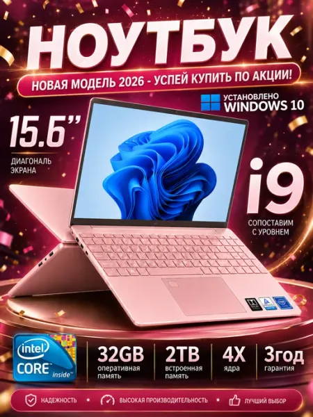 Ноутбук intel i9 для работы и учебы 15.6" Розовый 32+2048ГБ