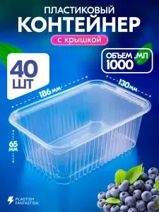 Контейнеры одноразовые с крышкой 1000 мл 40 шт для еды и заморозки ягод, пластиковые