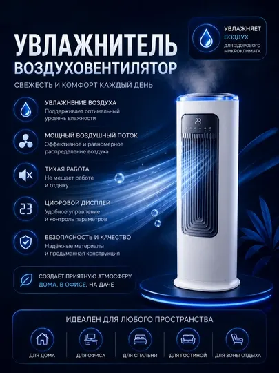 Увлажнитель-воздуховентилятор ELCOME с охлаждением воздуха и цифровым дисплеем
