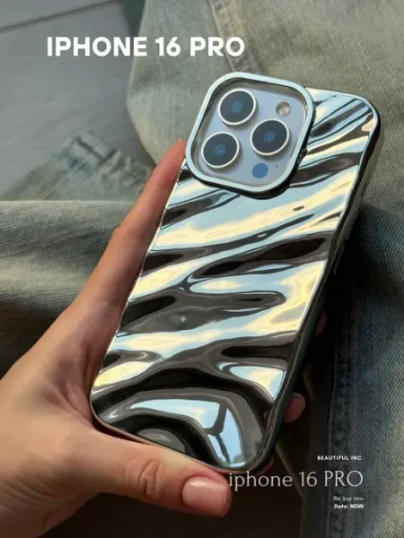 Чехол на iphone 16 pro объемный серебряный ПРИНТ КЕЙС