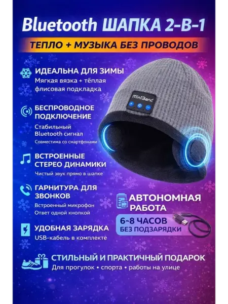 Теплая шапка с встроенными наушниками через блютуз ROZA BRAND