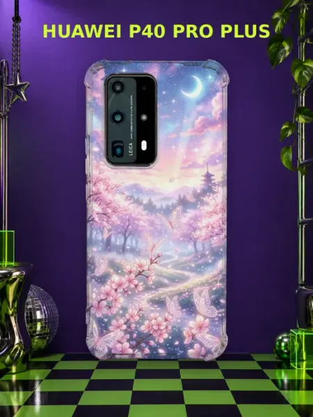 Чехол на Huawei P40 Pro Plus сакура с блёстками PRINTberries