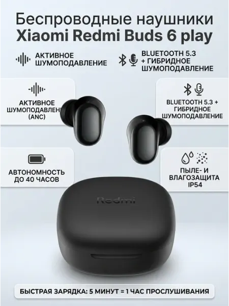 Наушники беспроводные Xiaomi Redmi Buds 6 Play вакуум BT5.4 Xiaomi Mi Earphones Basic